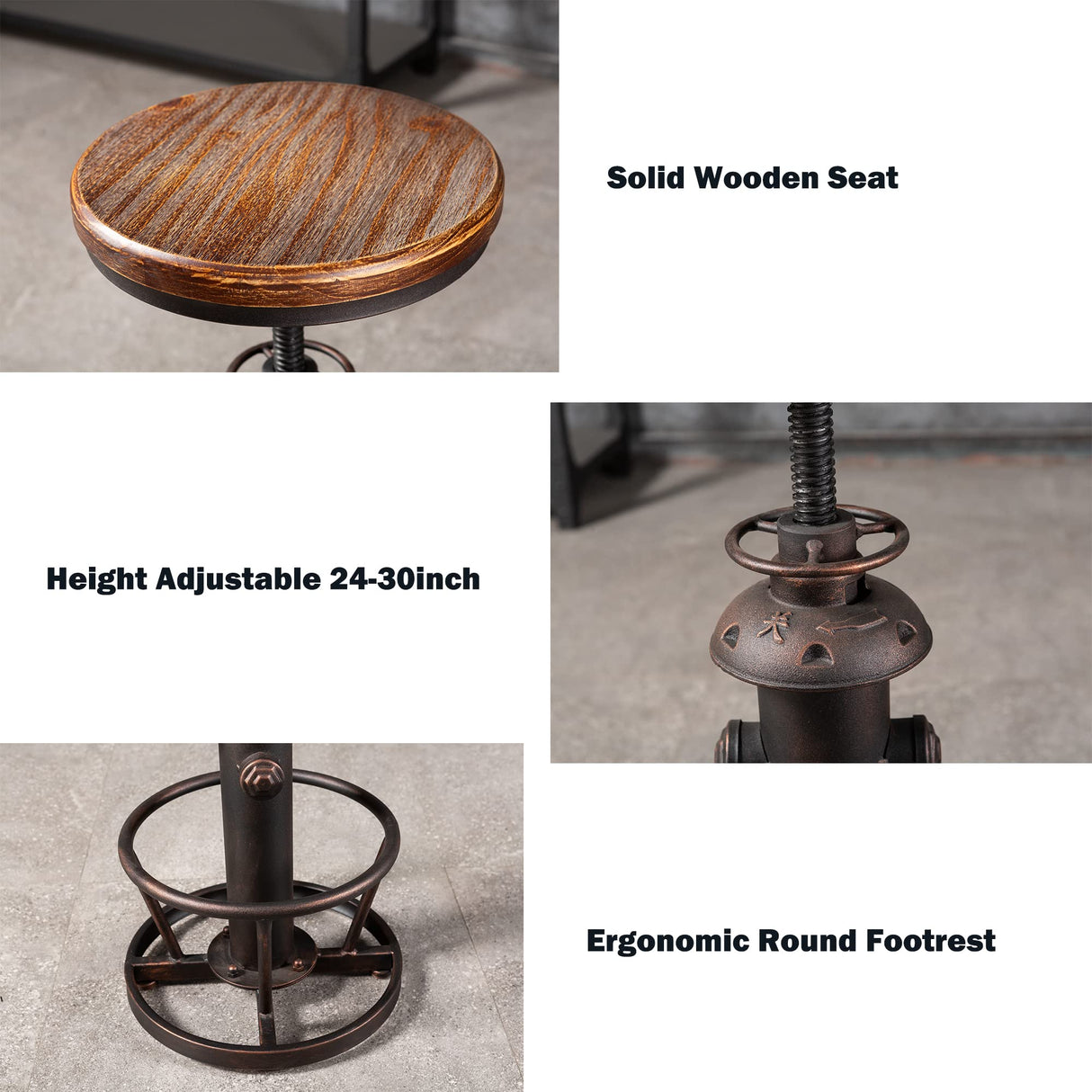 BOKKOLIK Vintage Swivel Bar Stool Industrial Coffee Kitchen Dining Chair Fire Hydrant Design Height Adjustable 24.8-30.7inch Solid Wooden Seat BOKKOLIK