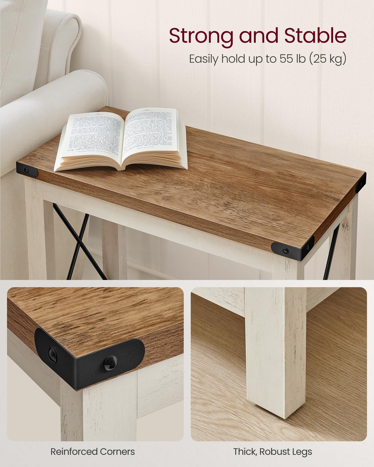 VASAGLE 2-Tier End Table, Side Table with Bottom Shelf, Nightstand for Small Spaces, for Living Room, Bedroom, Farmhouse Style, Rustic White and Honey Brown ULET235W01 VASAGLE