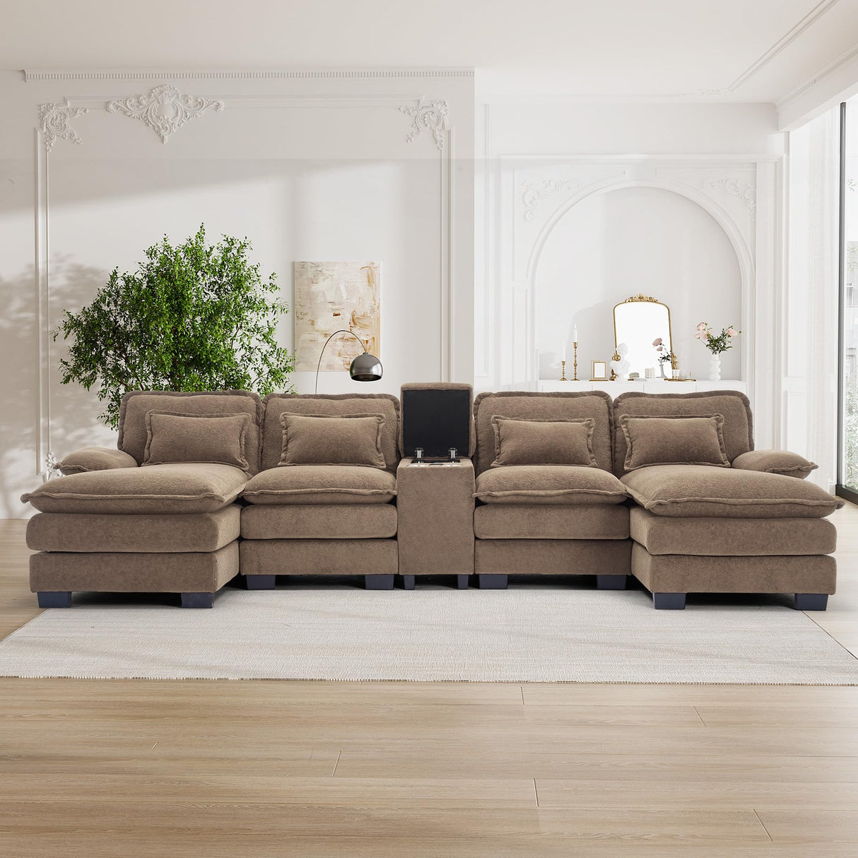 OUYESSIR U Shaped Cloud Sectional Couch, 124" Fluffy Modular Sofa Set with Double Chaise Lounge Central Console & USB Port, Comfy Chenille Big Sectional Couches for Living Room, Brown OUYESSIR