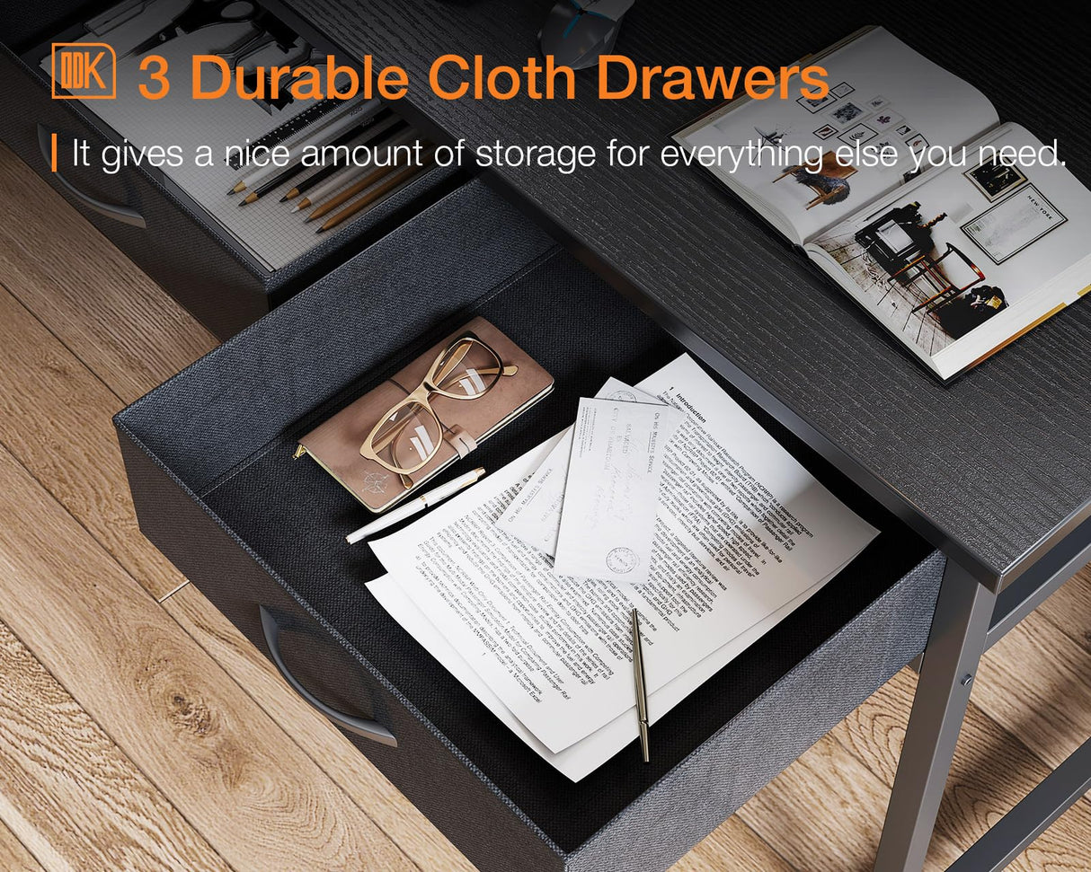 ODK 48 Inch Computer Desk with 3 Drawers and USB Power Outlets, Home Office Desks with LED Lights and Adjustable Monitor Stand, Work from Home, Modern Work/Writing/Study Table for Bedroom, Black ODK