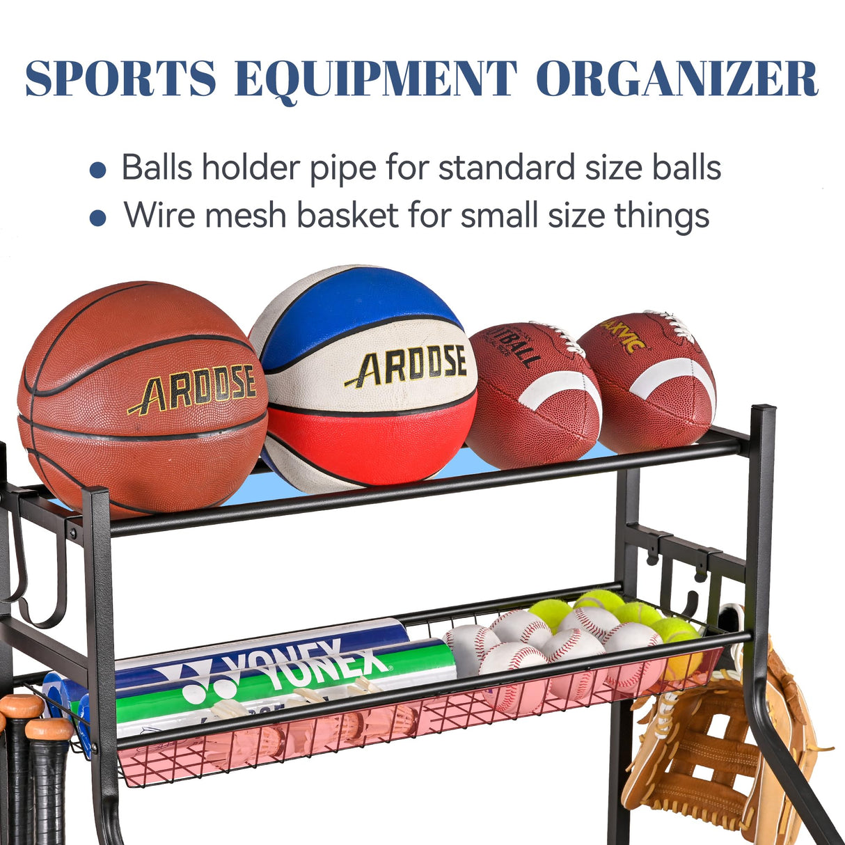 Mythinglogic Sports Equipment Garage Organizer,Garage Ball Storage for Sports Gear and Toys, Rolling Ball Cart with Wheels for Indoor/Outdoor Use Mythinglogic