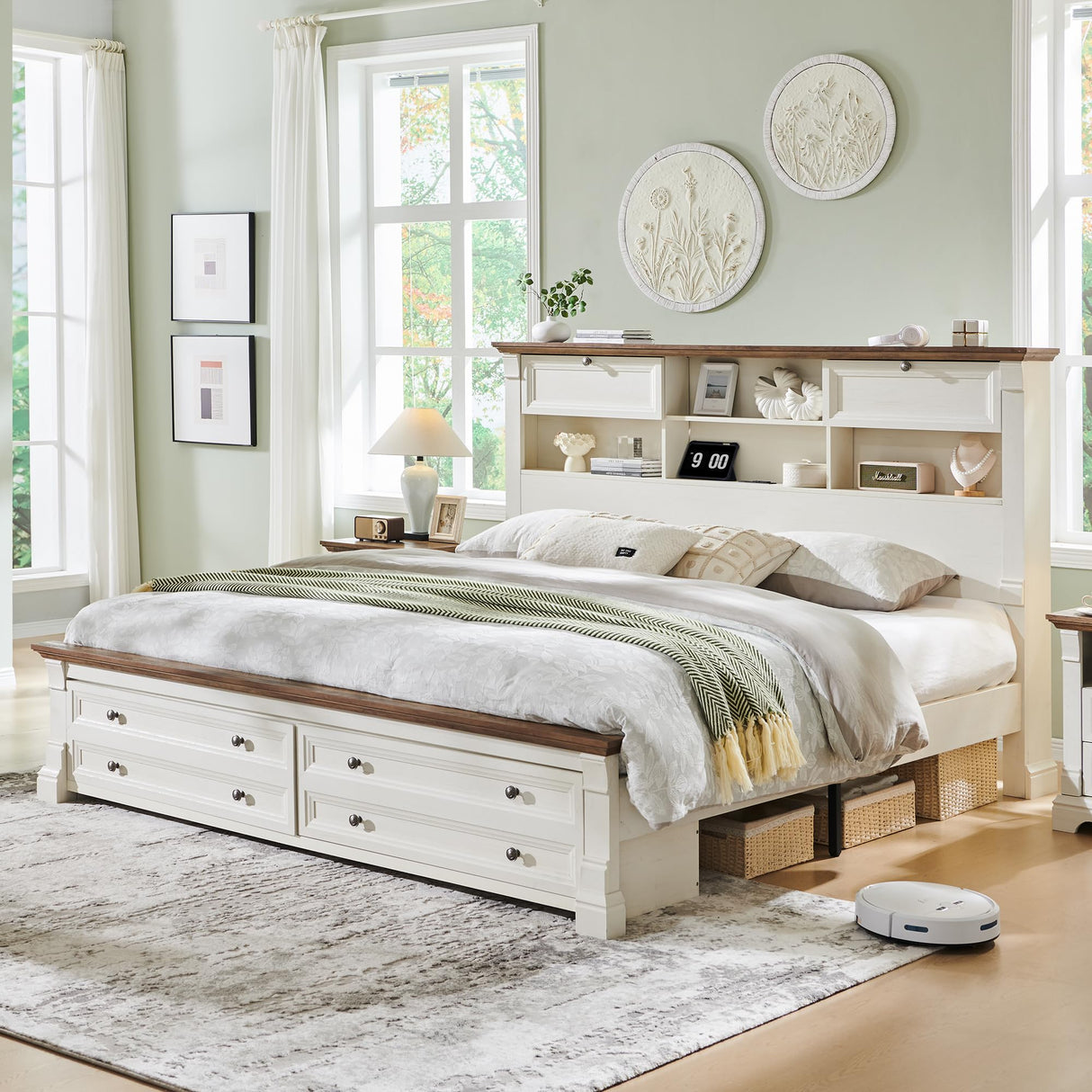 Farmhouse King Size Bed Frame with 54" Tall Storage Bookcase Headboard, Wood Platform Bed Frame with 2 Drawers & 18" Tall Roman Column Decoration Footboard, No Box Spring Needed(Antique White) T4TREAM
