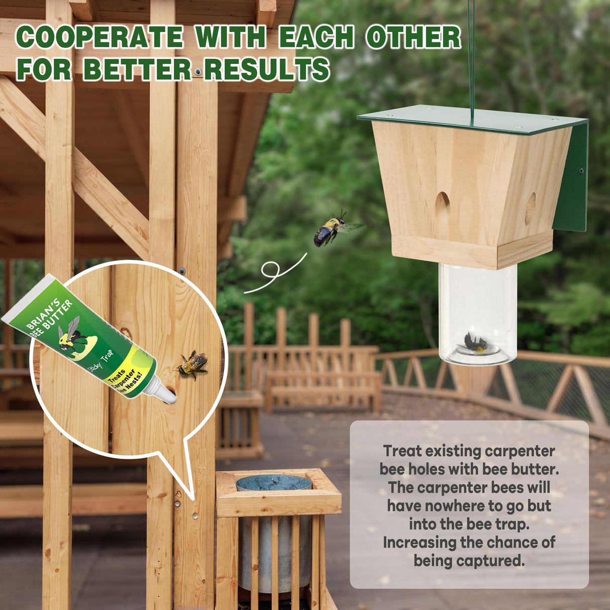 Carpenter Bee Trap for Outside - Green Pentroof Shed Style Nature Hanging Wood Carpenter Bee Traps Outdoor - Best Bee Trap - Insect Traps with Removable Vault (1 Pack) Best Bee Trap