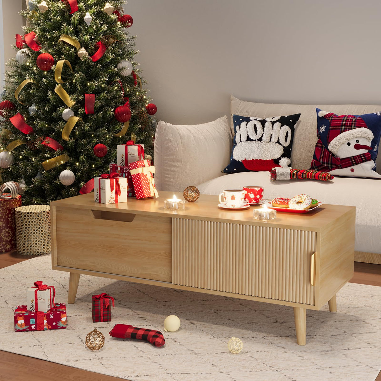 Buenhomino 47" Modern Coffee Table with Storage, Light Wood Accent Center Tables with Sliding Fluted Door Panel and Drawer, Boho Minimalist Console Table Suitable for Living Room, Apartment Natural Buenhomino