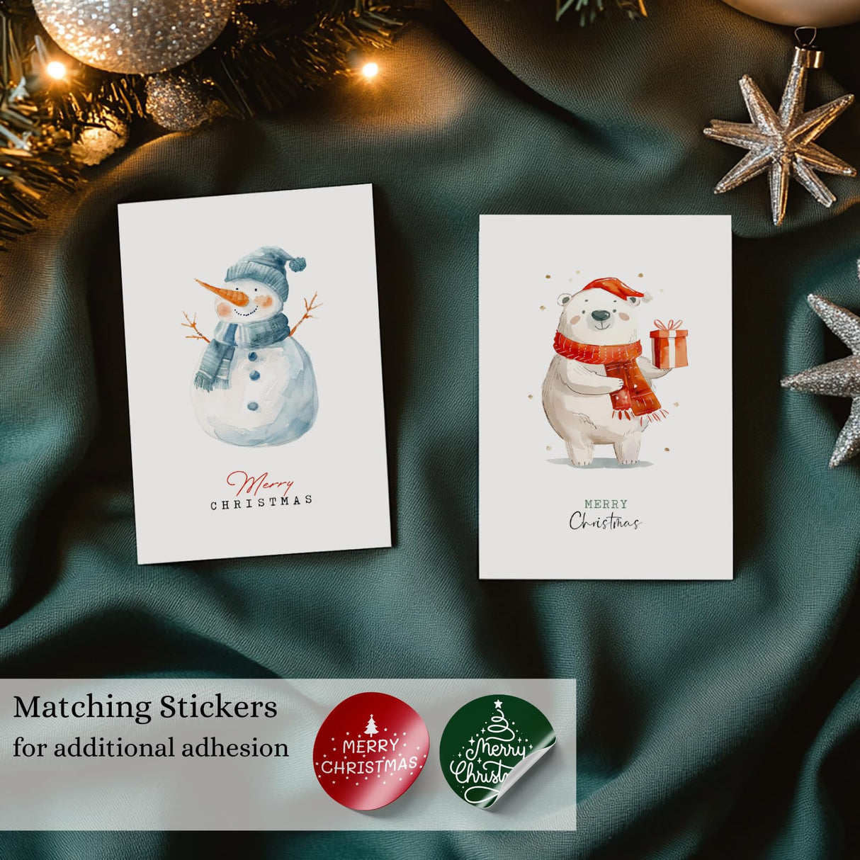 Merry Christmas Cards Boxed with Envelopes, Set of 20 Watercolor Designs Cards - 4x6 Inches Bulk Christmas Cards with Envelopes & Matching Stickers, Smudge-resistant Heavy Duty Cardstock Paper Play