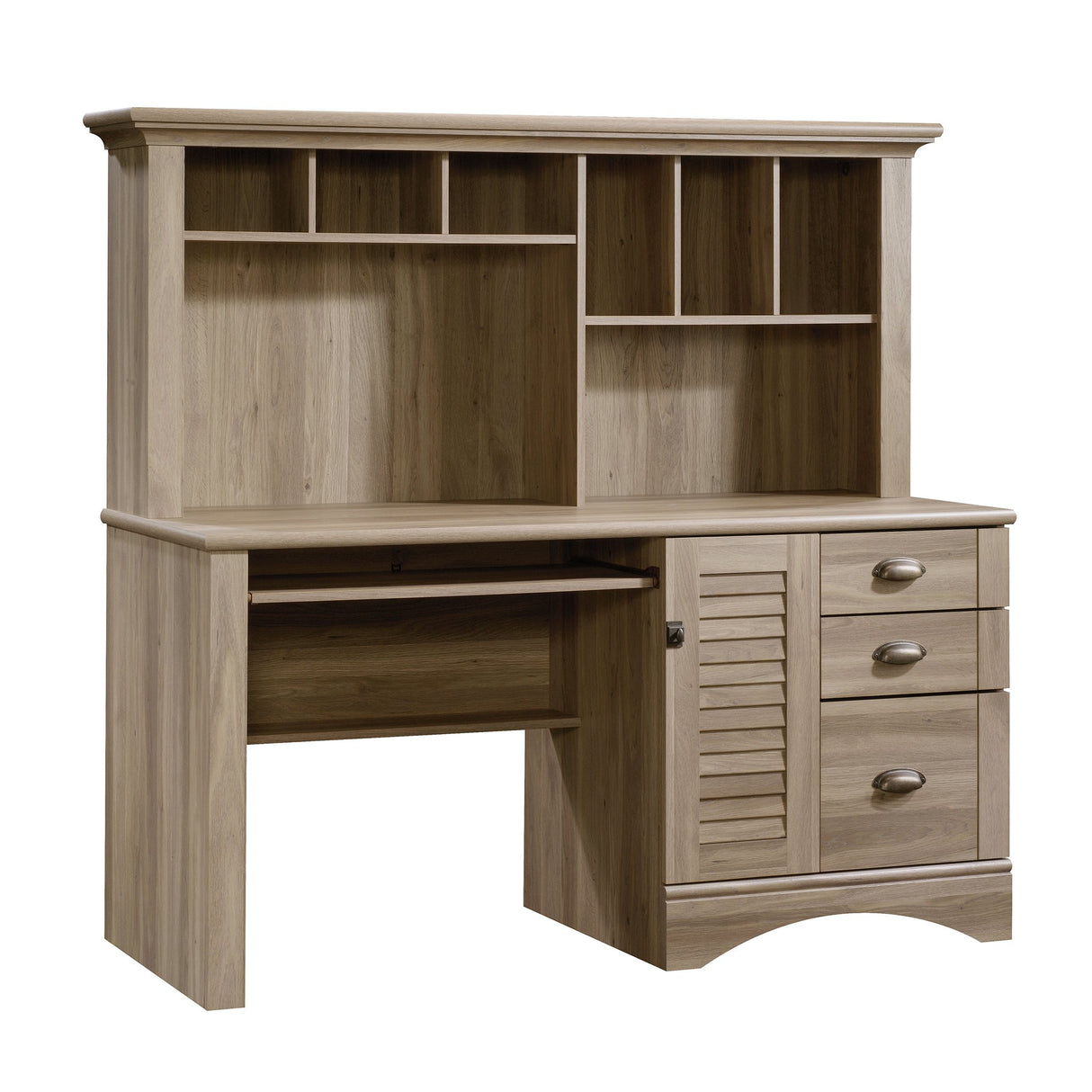 Sauder Harbor View Desk W/hutch, L: 62.13" x W: 23.39" x H: 57.52", Salt Oak Finish Sauder