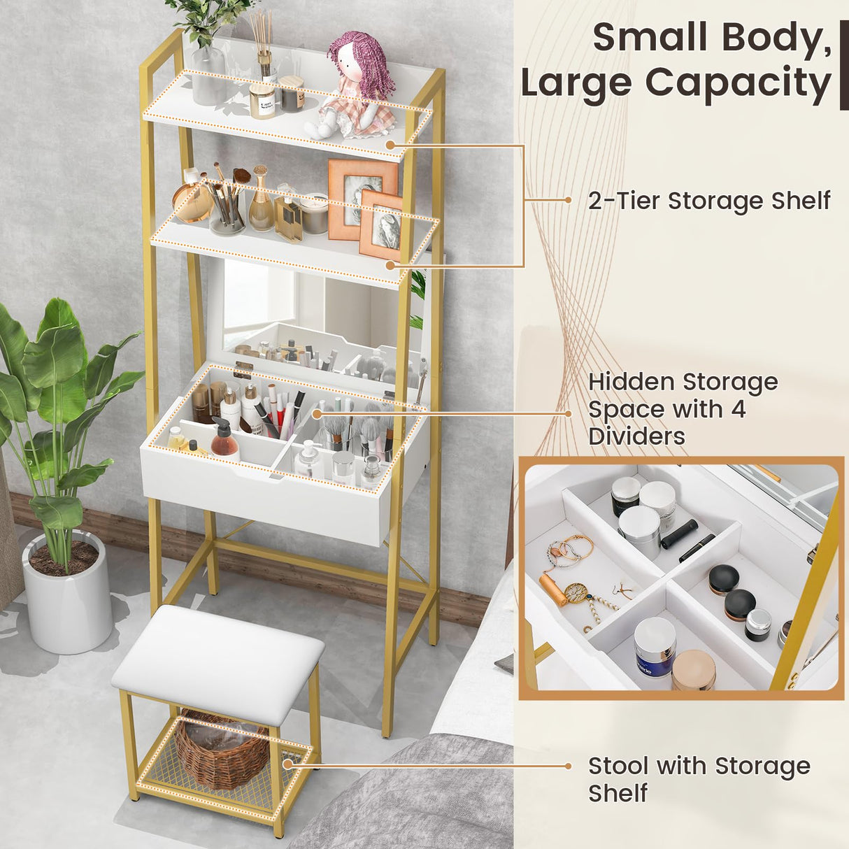 GOFLAME Vanity Table Set with Flip Top Mirror, Ladder Vanity Desk and Cushioned Stool Set with Shelves and Hidden Storage Compartments, Makeup Dressing Table Set for Bedroom, Small Spaces, White+Gold GOFLAME