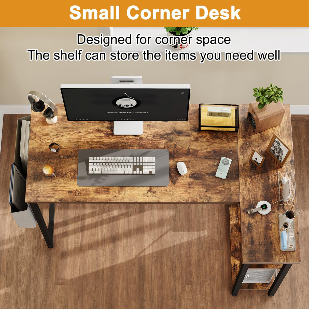 Grandder L Shaped Computer Desk with Reversible Shelves, 40 Inch Small Corner Desk with Storage Bag, Gaming Desk Computer Table Study Writing Desk for Home Office Small Space, Rustic Brown Grandder
