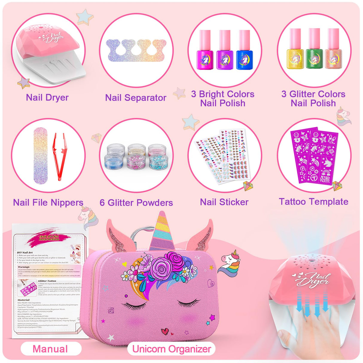Kids Nail Polish Set for Girls, Nail Art Kit with Nail Dryer & DIY Nail Stickers, Nail Kit Toys for Girls with Non-Toxic Nail Polish,Age 3-12 Little Girl Gift Toys Websonaw
