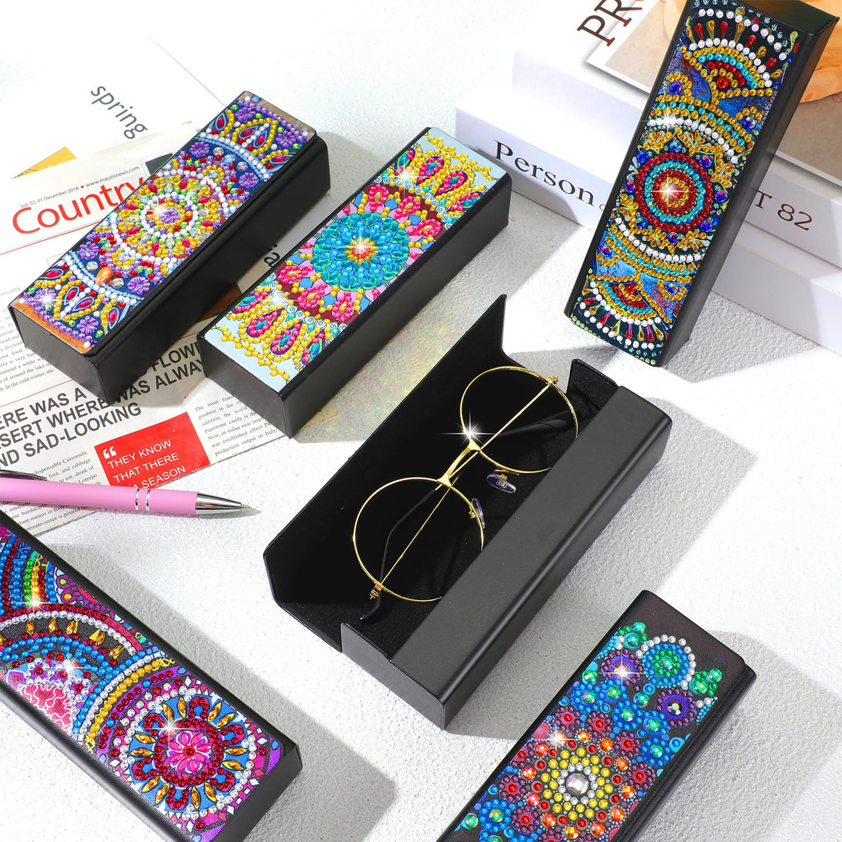 Copkim 6 Packs 5D Diamond Painting Sunglass Case, DIY Sunglasses Storage Box Kit with Diamond Painting, Mandal Alloyseed Leather DIY Handmade Diamond Art Glasses Case for Art Craft Gift Travel Copkim
