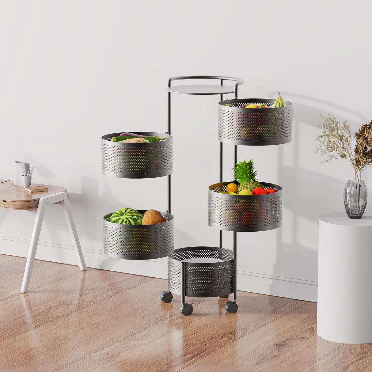 JAQ Rotating Fruit Basket, 5-Tier Metal Sturdy Kitchen Storage Rack Shelf Carts No Assembly on Rolling Wheels for Fruit Vegetable Grocery Corns Potato Onion (5-Tier, Black) JAQ