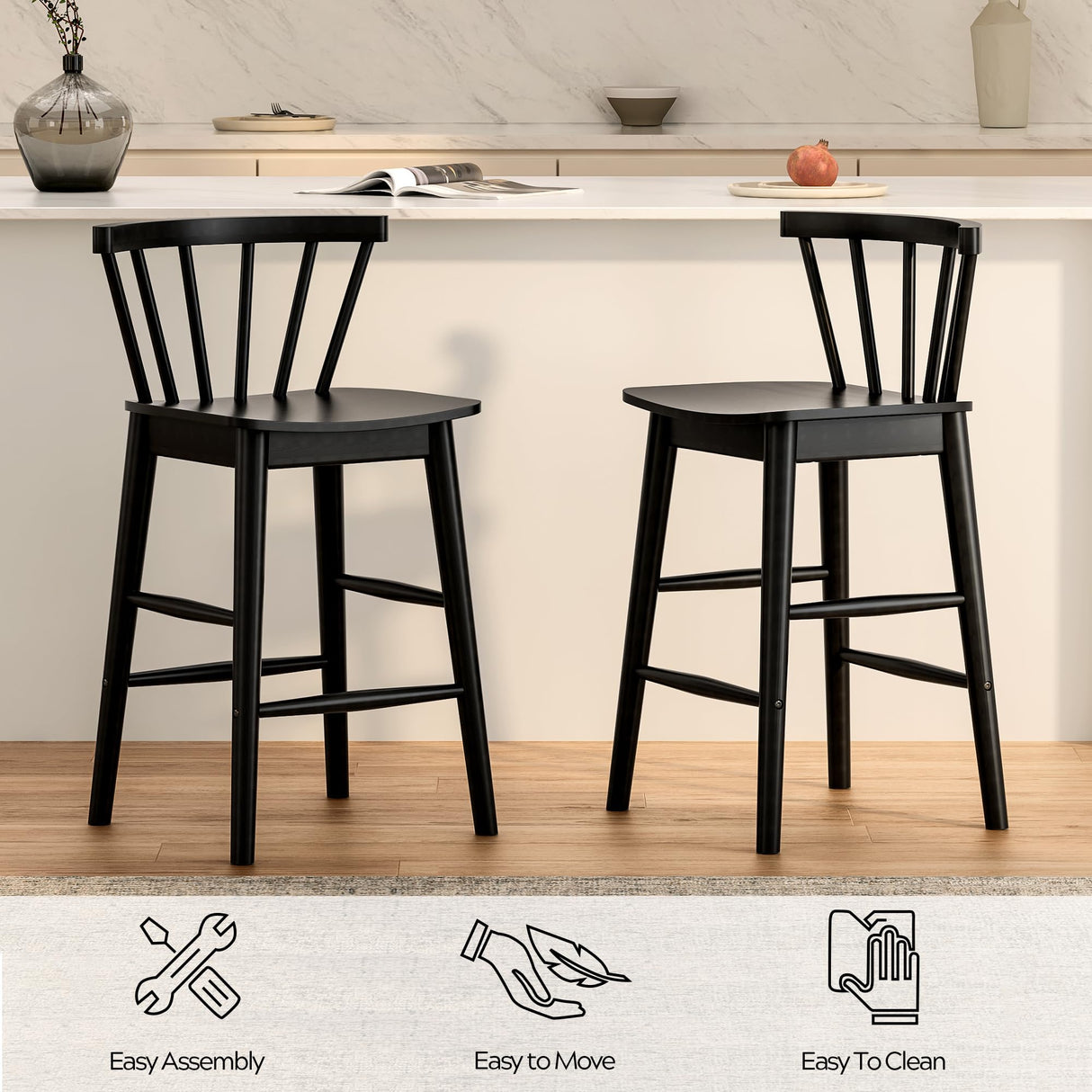 EYYTHUNG Wood Bar Stools Set of 3, 24" Barstool Farmhouse Counter Stools with Curved Back for Dining Room, Black EYYTHUNG