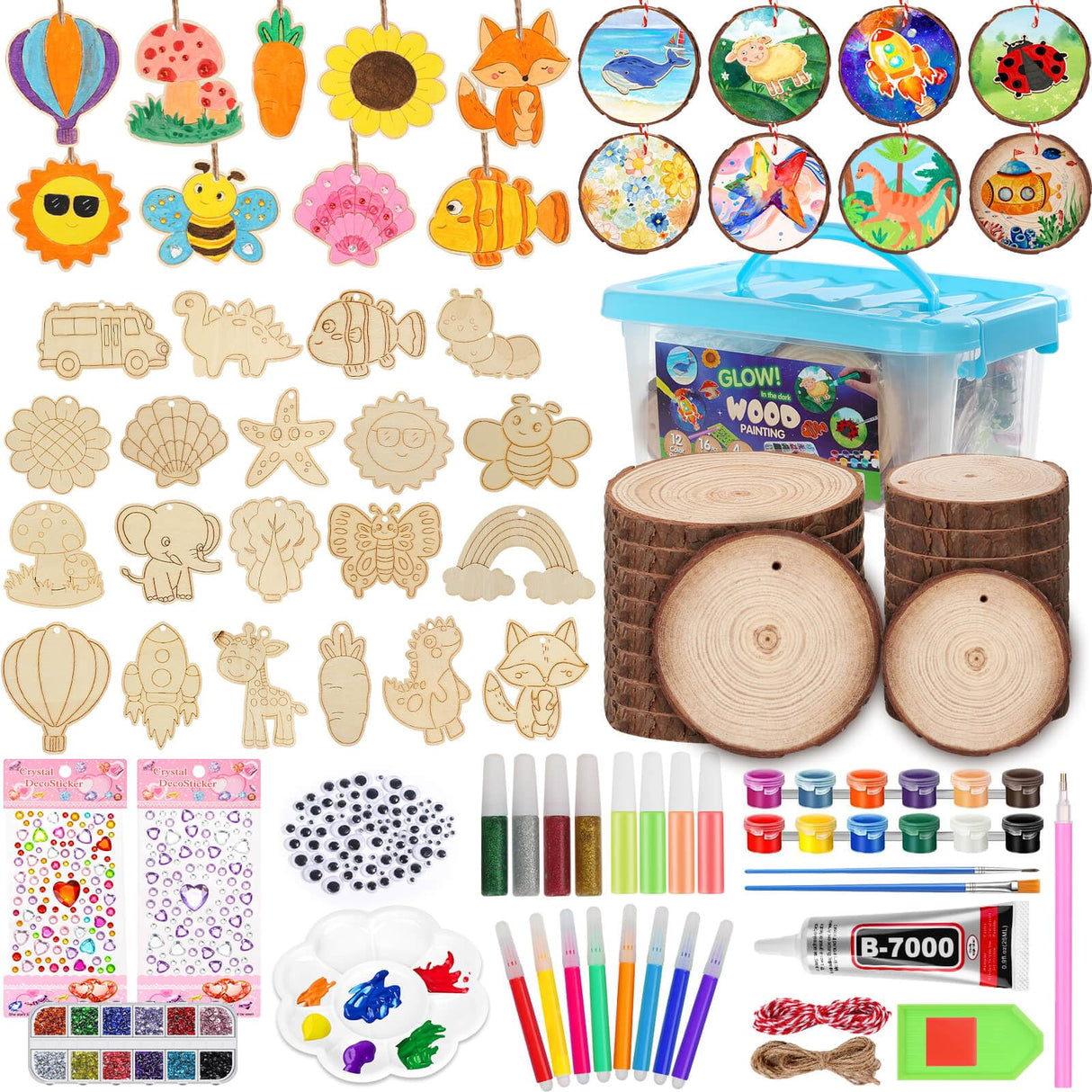 ROADPLUM Natural Wooden Slices Painting Craft Kit, 16PCS Unfinished Wood Slices & 20Pcs Unfinished Wooden Ornaments, DIY Glow in The Dark Christmas Ornaments Craft for Decorations ROADPLUM