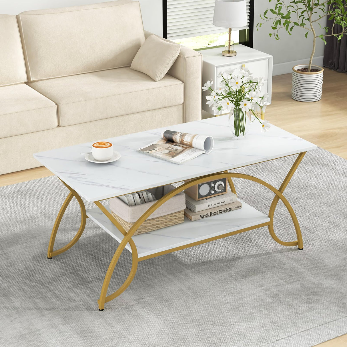 COSTWAY Marble Coffee Table, 2-Tier Modern Faux Marble Accent Table with Storage and Gold Finished Metal Frame, Chic Rectangular End Table for Living Room Office Lounge COSTWAY