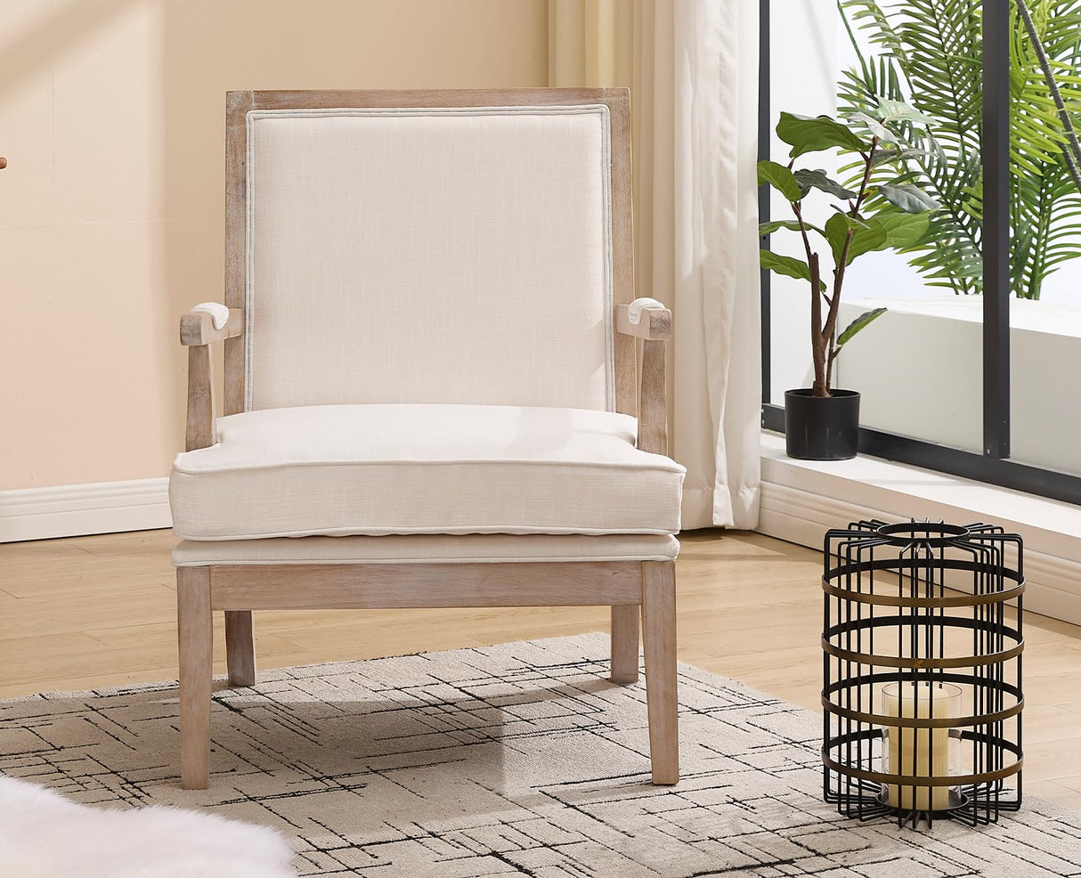 chairus Farmhouse Linen Accent Chair for Living Room, Upholstered Reading Chair with Solid Wood Frame Lounge Arm Chair with High Back for Bedroom, Reception Room, Waiting Room, Beige chairus