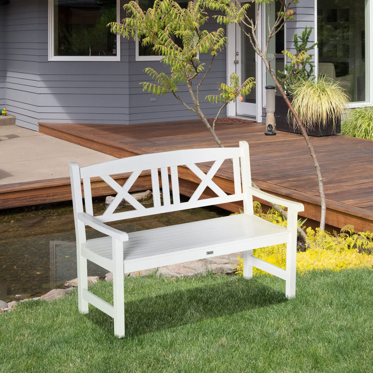 Outsunny White Rustic Wooden Garden Bench for Two with Backrest and Armrests Outsunny