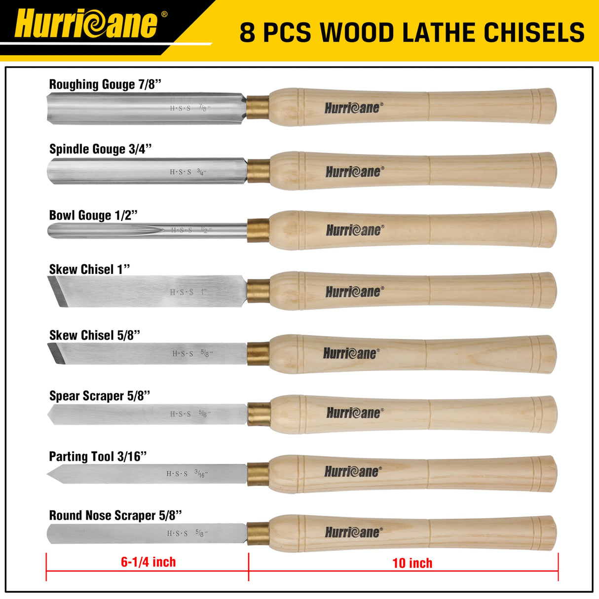 HURRICANE Wood Lathe Chisel Set, 8pc HSS Wood Lathe Turning Tools, Woodworking Lathe Tools with Wooden Box HURRICANE