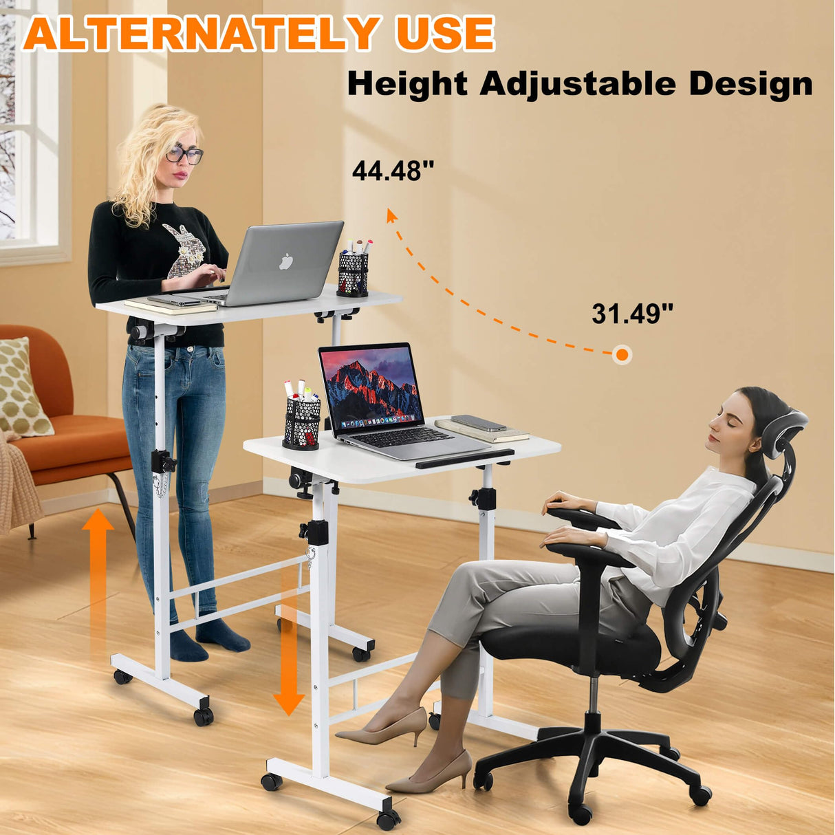 Small Standing Desk Adjustable Height,Rolling Computer Desk,Mobile Standing Desk with Wheels,Portable Stand Up Desk,Tall Computer Table,Adjustable Desktop Sit Stand Desk,Size 31.5x15.7 Inch White Dekhaoxe
