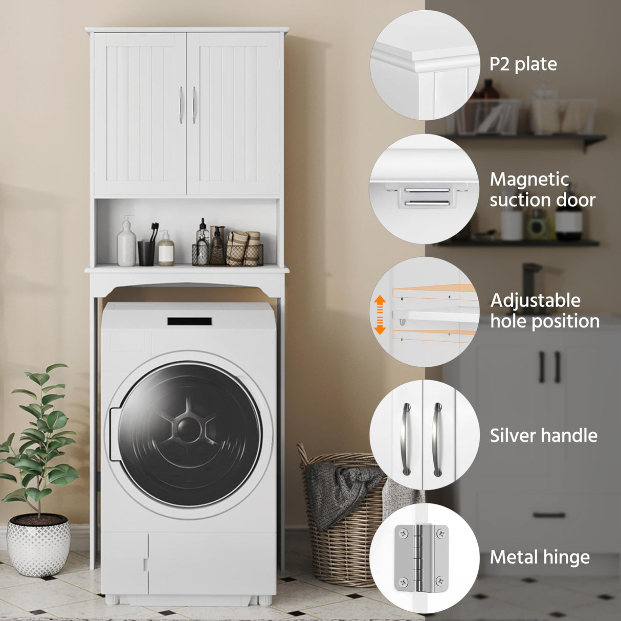 Yaheetech Over The Toilet Cabinet, Double Door Bathroom Storage Organizer, Toilet Rack with Inner Adjustable Shelf and Open Storage Shelf, White Yaheetech