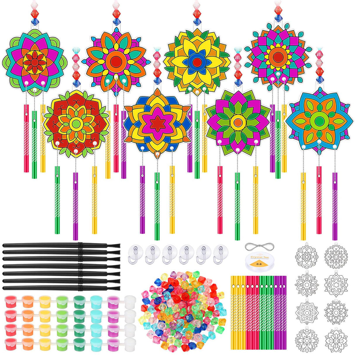 VioraWhite 24 Sets Mandala Suncatchers Wind Chimes Window Art Kits, DIY Summer Vbs Sun Catchers Wind Chimes Bulk Ornaments Painting Craft Kits for Boys Girls Home Party Activity Project Decor VioraWhite