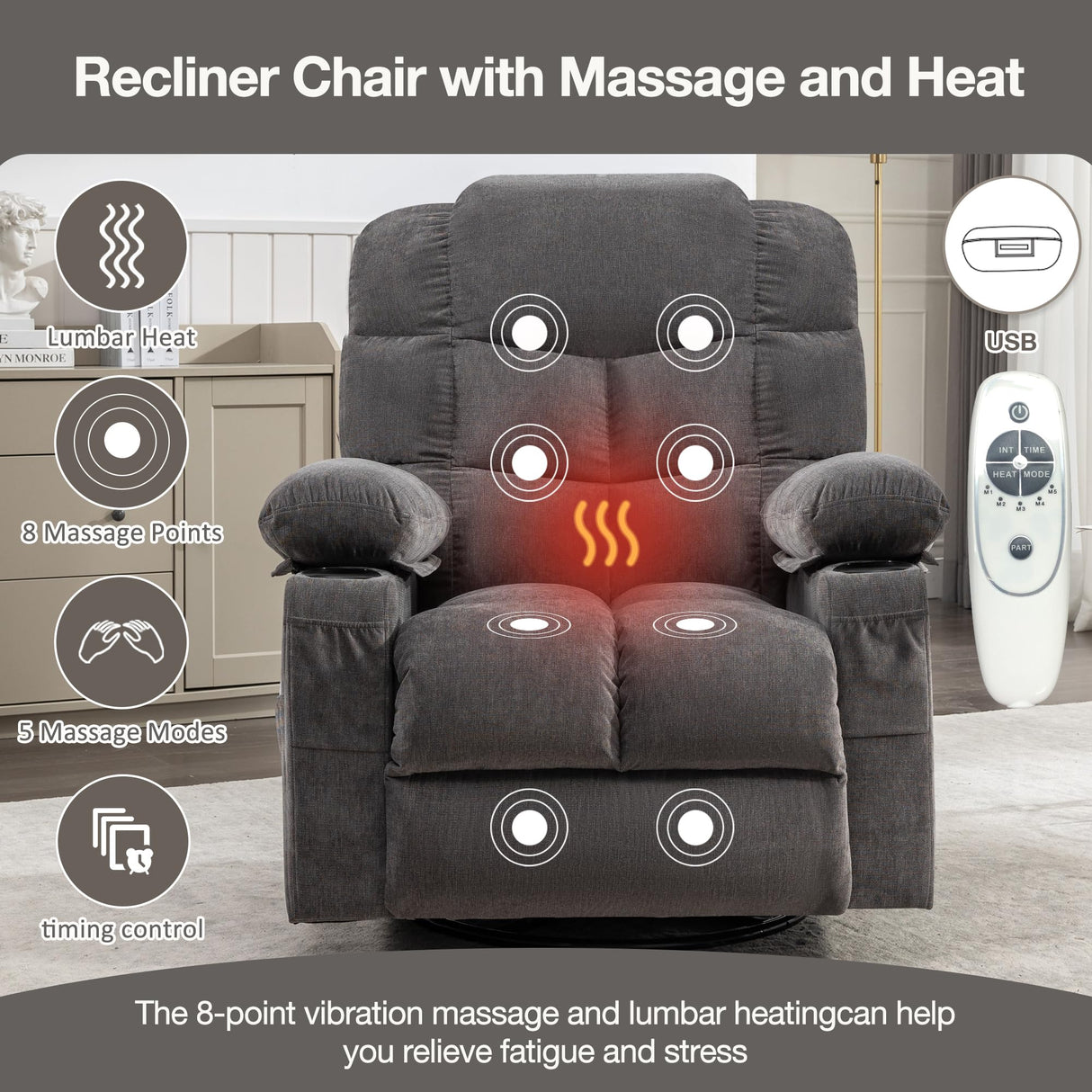 Oversized Massage Swivel Recliner Chair with Lumbar Heating for Living Room Rocker Recliner Single Sofa with Cup Holders and USB Charge Port, Large Big Chair Recliners for Adult MAHOMICO