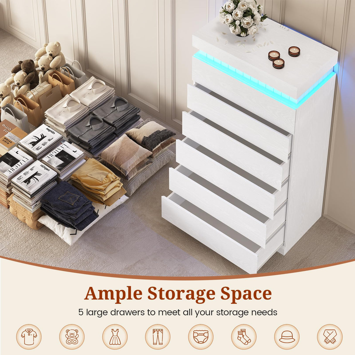 UPOSOJA Tall White Dresser for Bedroom, Modern 6 Wood Drawers with LED Light and Power Outlet, Floating Dressers for Closet, Large Chest of Drawer for Living Room, Hallway, Entryway (6 Drawers,White) UPOSOJA