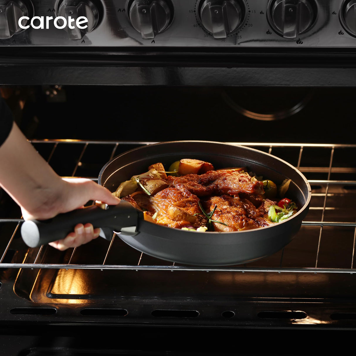 CAROTE 20pcs Pots and Pans Set Non Stick, Nonstick Cookware Set, Dishwasher/Oven/Fridge Safe Pots and Pans, Removable Handle RV Oven Safe Cookware, Induction Kitchen Set, Black CAROTE