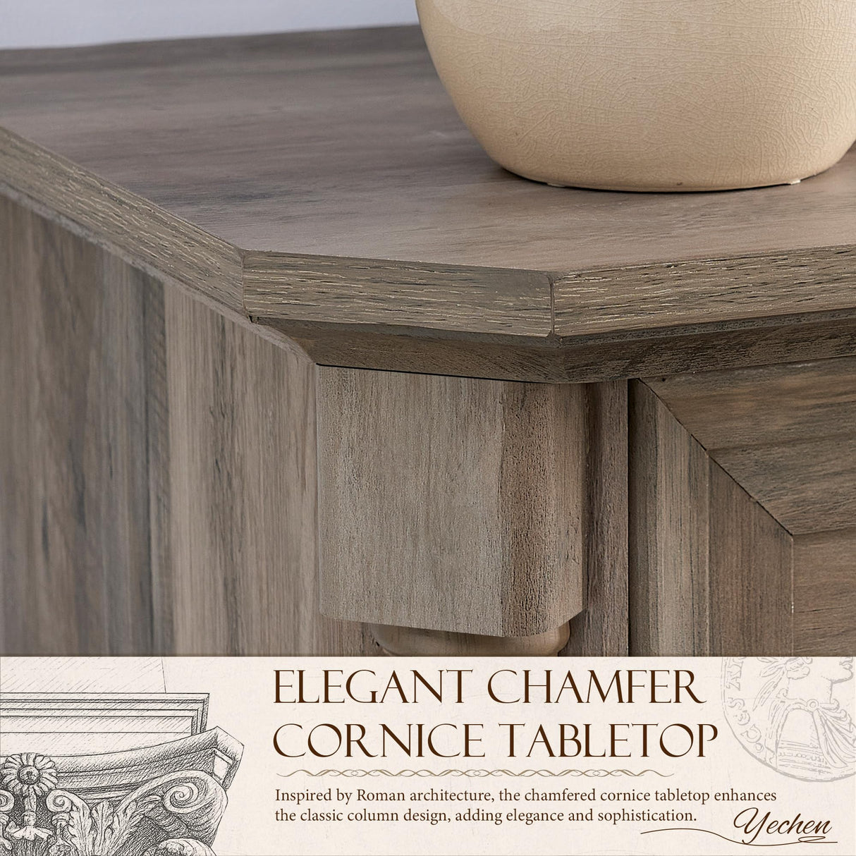 Yechen 62'' Farmhouse TV Stand for Living Room - 31.5'' Tall Entertainment Center with Storage Cabinets & Drawers, Wood Media Console Table with Roman Columns, for 75 Inch TV, Weathered Reclaimed Oak Yechen