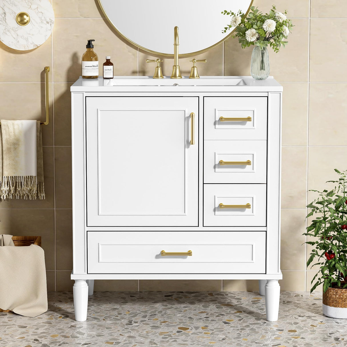 Sailret 30 Inch White Bathroom Vanity with Ceramic Sink, Soft Close Door, Adjustable U-Shaped Shelf, Drawer & Door Organizer, Modern Solid Wood Cabinet for Bathroom Storage Sailret
