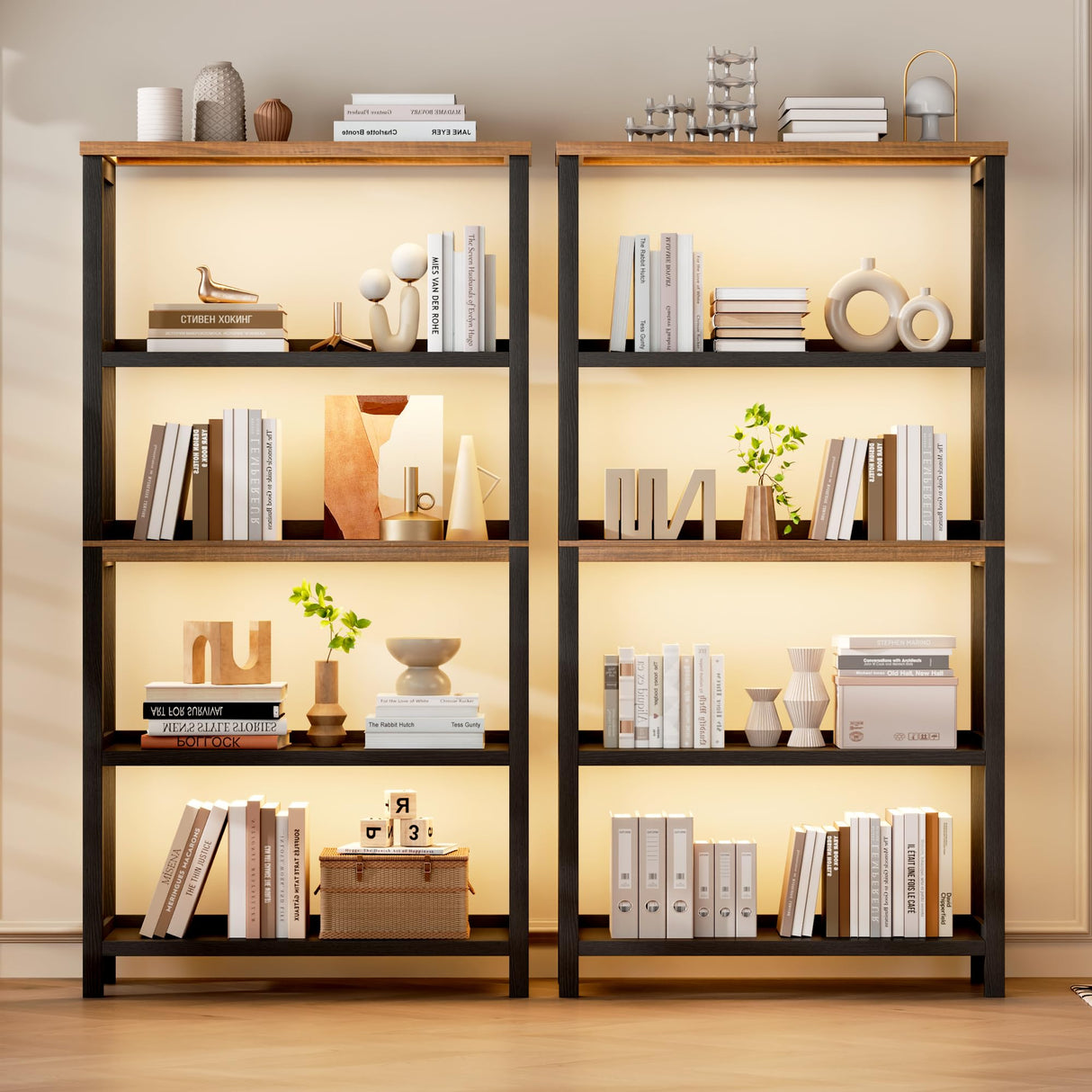 Vlsrka Wooden Bookshelf with Lights, 5 Tier Bookshelf with Storage, Tall Bookcase with Open Shelves, Standing Bookshelves Display Rack for Living Room, Home Office, Black Vlsrka