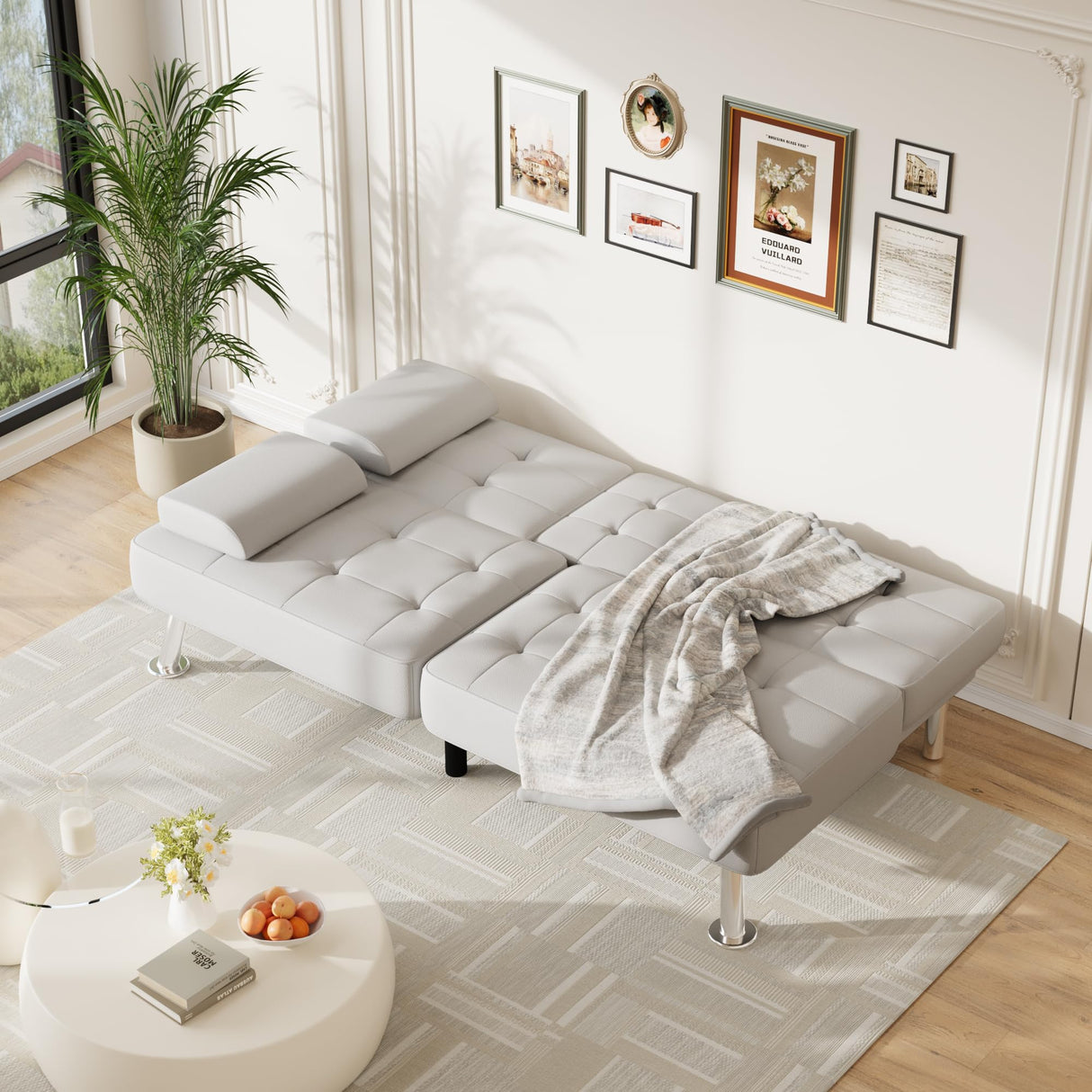 Furmax Futon Sofa Bed Adjustable Futon Couch Sleeper Sofa Bed for Living Room, Business Office, Recliner Sofa with Cup Holders (PU Leather, White) Furmax