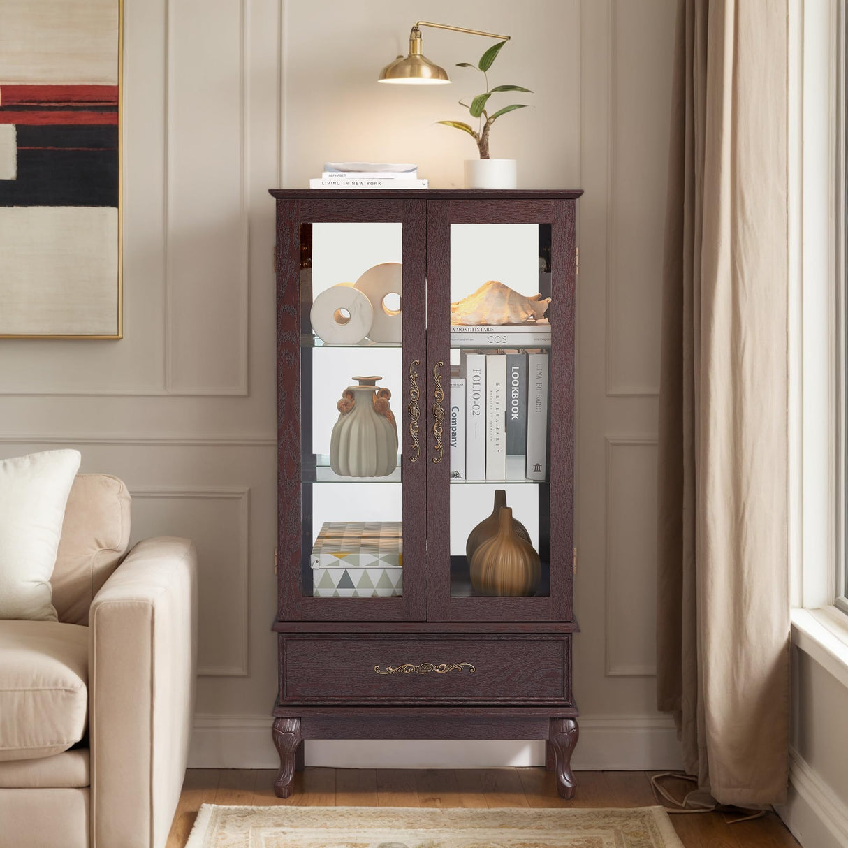 CKEASEAN Lighted Curio Cabinet, 52" H Glass Display Cabinet with Adjustable Shelves, China Cabinet with Tempered Glass Doors for Living Room, Light Blub Included (Dark Cherry) CKEASEAN