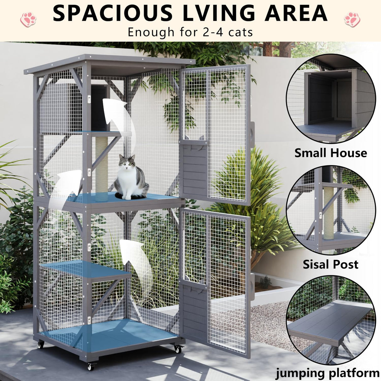 LEMBERI 71" Cat House Outdoor Catio Cat Enclosures on Wheels, Large Outside Patio Wooden Cat Cage Resting Box,Scratching Post, Waterproof Roof (Gray) LEMBERI