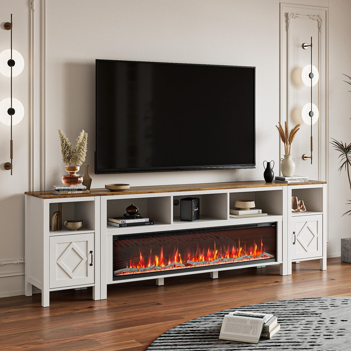 BVIUNTWO Fireplace TV Stand for TVs Up to 110 Inch,Farmhouse Entertainment Center with 60" Electric Fireplace,White TV Console with Storage Cabinets for Living Room,Bedroom BVIUNTWO