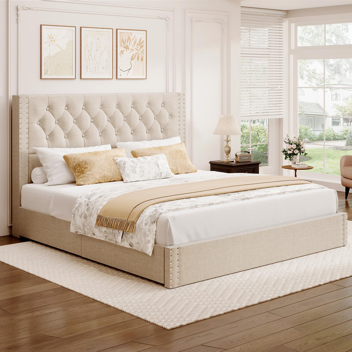 BRELTAM King Size Bed Frame with 4 Storage Drawers and Tufted Headboard Linen Upholstered Platform Bed Frame with Heavy Duty Wood Slats, No Box Spring Needed, Beige BRELTAM
