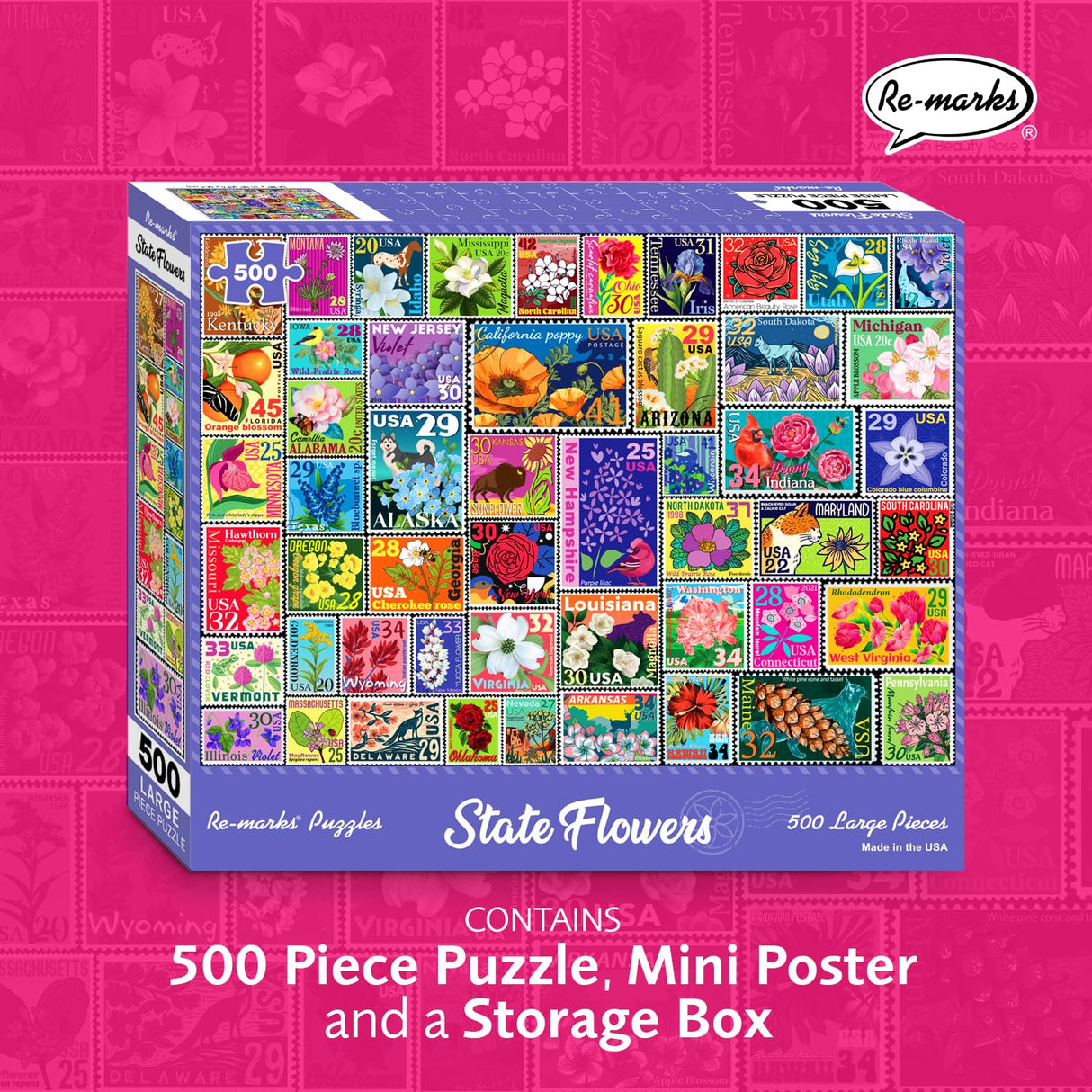Re-marks State Flowers Stamp Collage Jigsaw Puzzle, 500 Large Piece Jigsaw Puzzle for All Ages Re-Marks