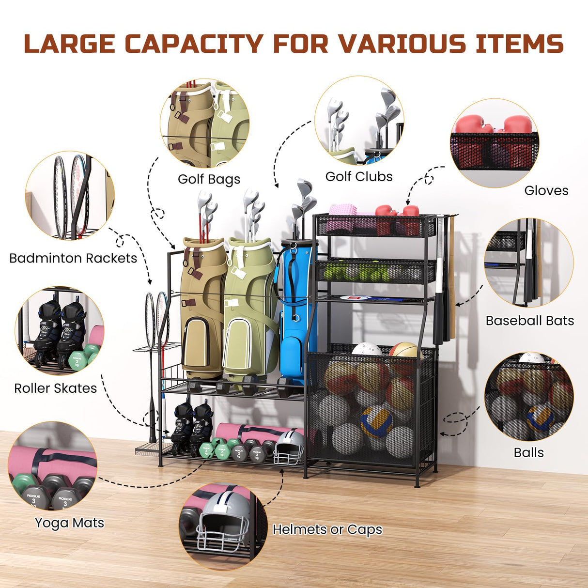 Homiesetify Garage Sports Equipment Organizer, 3 Golf Bag Organizer Stand Heavy-Duty Ball Storage Rack with Basket and Hooks, Ball Storage Cart for Toy Sports Gear Storage, Black (Large) Homiesetify