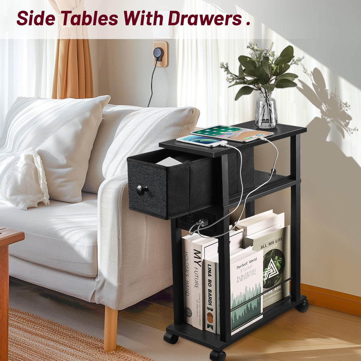 DGSANDGO Side Table with Charging Station and Drawer, Narrow End Table with USB Ports and Outlets for Small Space, Living Room, Bedroom and Office, with 4 Wheels Black DGSANDGO