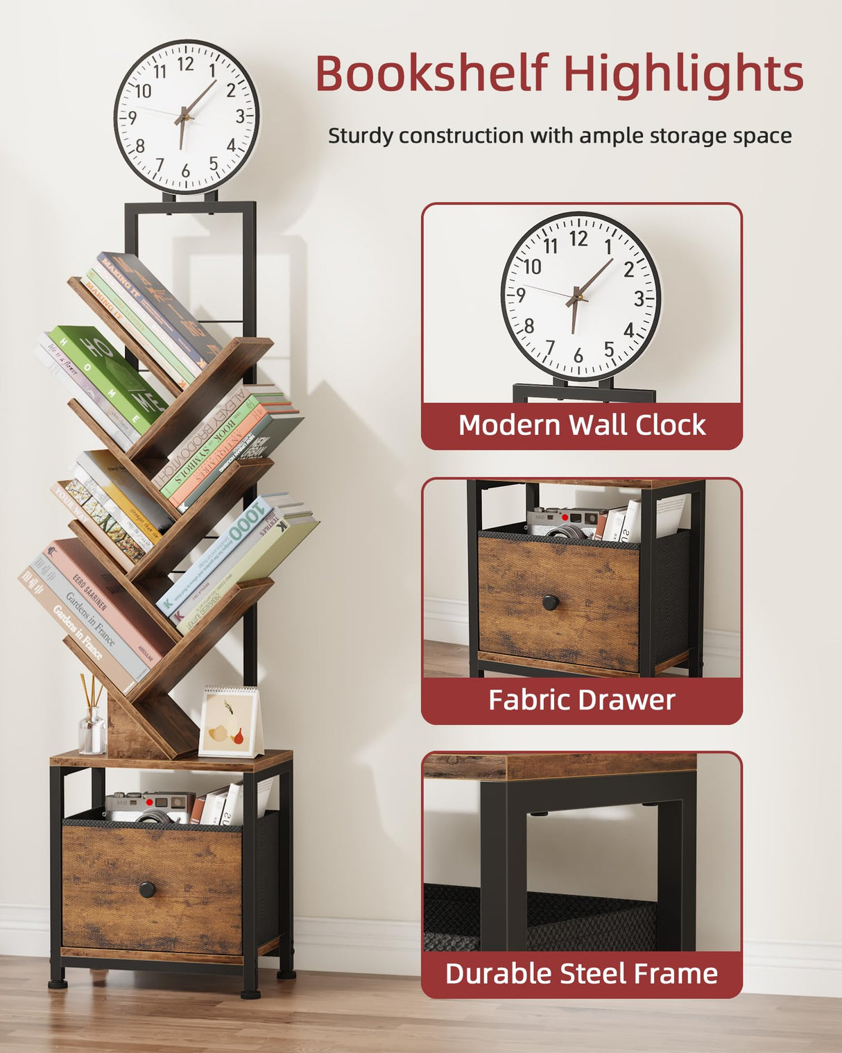 HIGDBFE 6 Tier Tree Bookshelf with Clock and Fabric Drawer, Small Narrow Bookcase, Tall Floor Standing Book Shelf for Bedroom, Living Room, Home Office, Rustic Brown HIGDBFE
