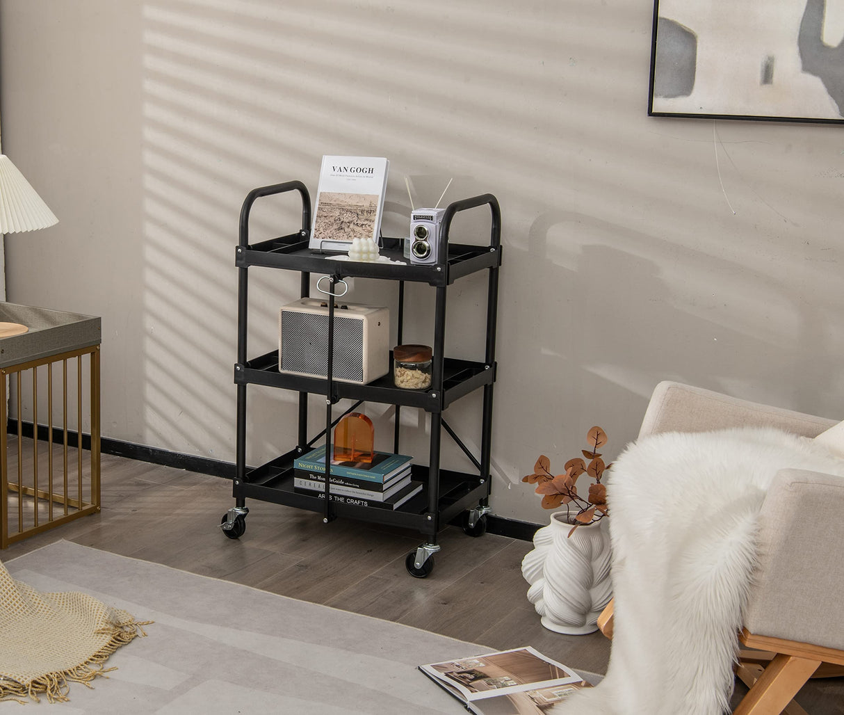 Goplus Folding Utility Cart, 3-Tier Rolling Tool Cart w/Lockable Wheels, 300LBS Capacity, Divided Storage Compartments, Collapsible Metal Service Goplus