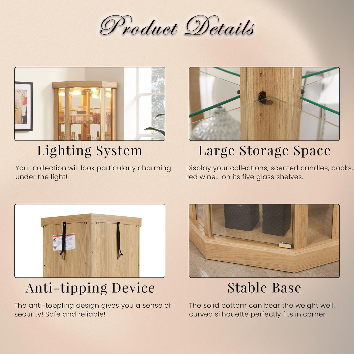 CKEASEAN Corner Curio Cabinet, 70" H Lighted Glass Display Cage with Tempered Glass Doors and 5 Adjustable Shelves, Light Bulb Inclued, Wine Bar China Cabinet for Living Room (Light Oak) CKEASEAN