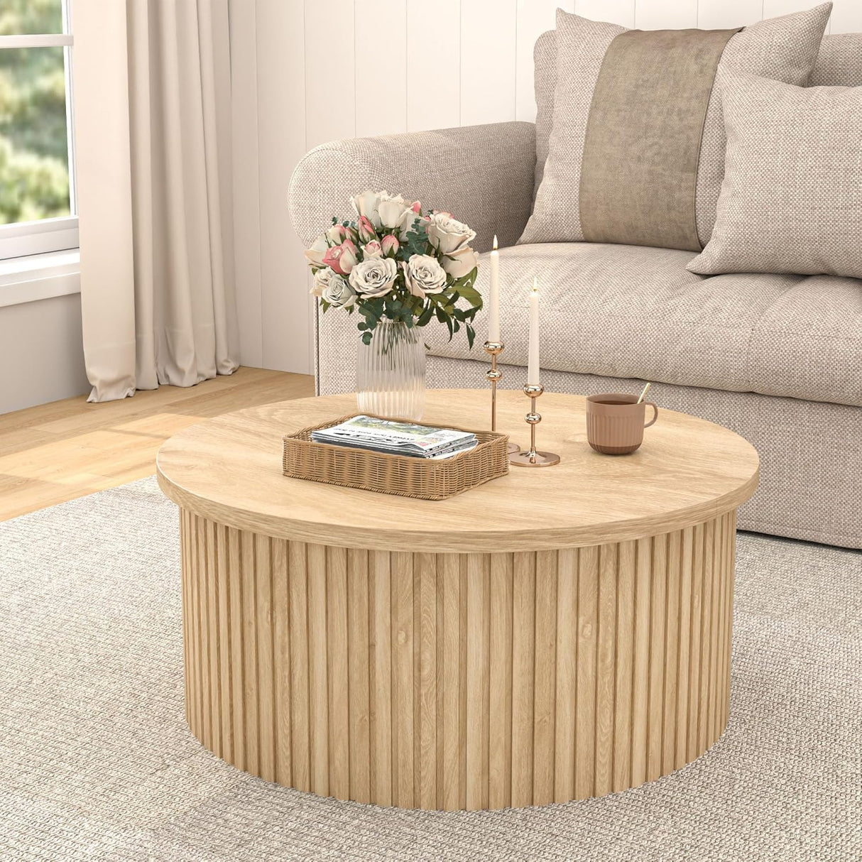 Fsbecl Round Fluted Lift Top Coffee Table with Storage, 34.6'' Farmhouse Round Coffee Tables for Living Room, Circle Wood Accent Center Table for Home, Office, Cafe (Wood Color) Fsbecl