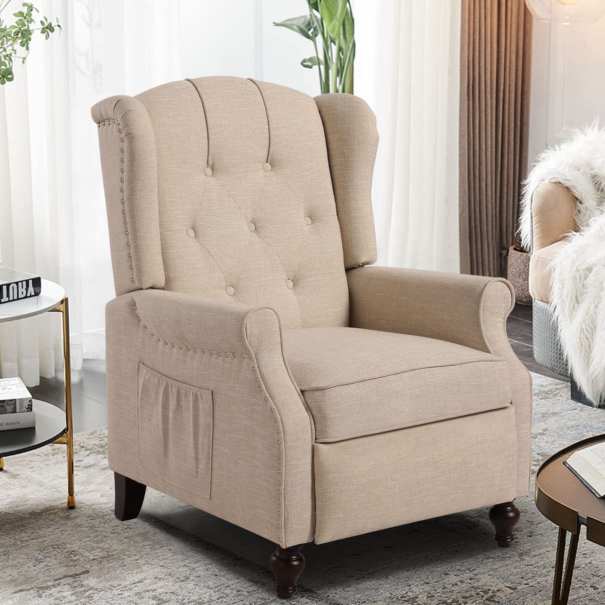 Consofa Wingback Recliner Chair with Massage and Heat, Tufted Fabric Push Back Recliner Chair for Living Room, Vintage Recliner Chair with Remote Control, Padded Cushion, Backrest, Wooden Legs Consofa