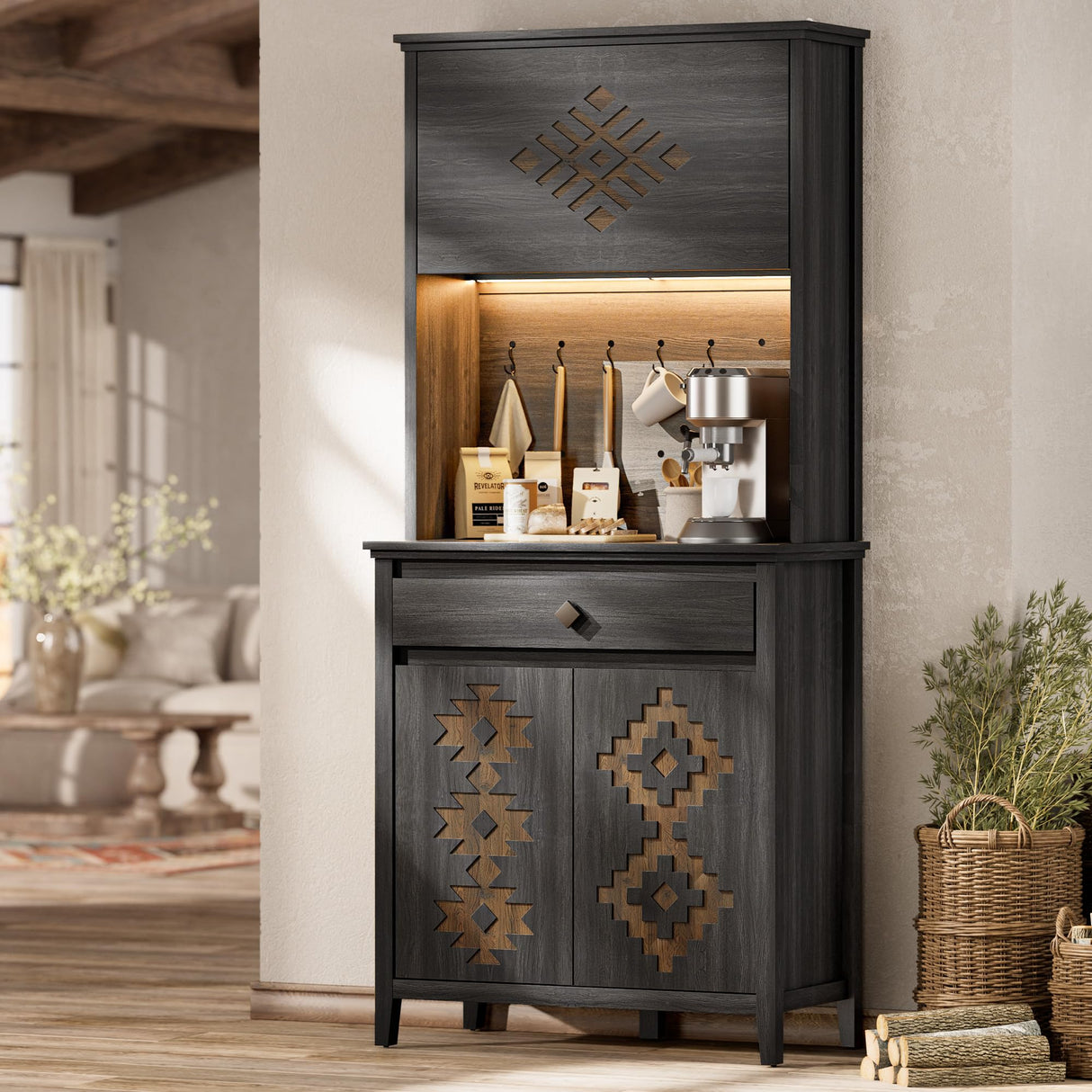 nesture. 71.5" Tall Kitchen Pantry with Hydraulic Flip Up Door, Storage Cabinet with LED Lights & Charging Station, Drawer and Adjustable Shelves, Cupboard for Kitchen, Dining Room, and Hallway, Black nesture.
