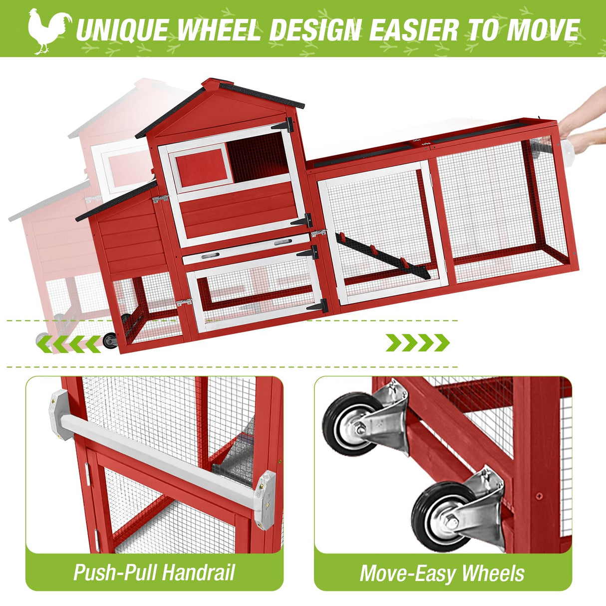GUTINNEEN Chicken Coop Mobile Hen House On Wheels Easy to Move Wooden Poultry Cage with Nesting Box,Opening Wire Netting Roof,Red GUTINNEEN