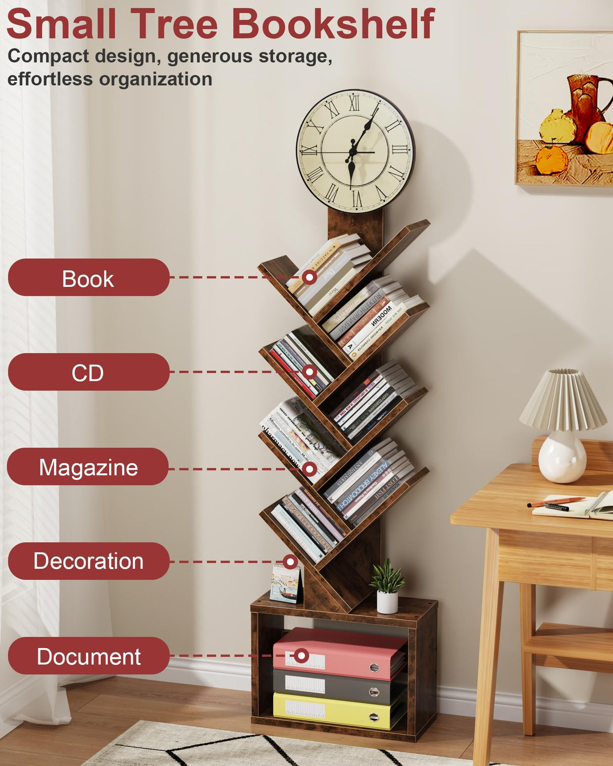 HIGDBFE 7 Tier Tree Bookshelf with Clock and Storage Cabinet, Small Narrow Floor Standing Bookcase for Bedroom, Living Room, Home Office, Rustic Brown HIGDBFE