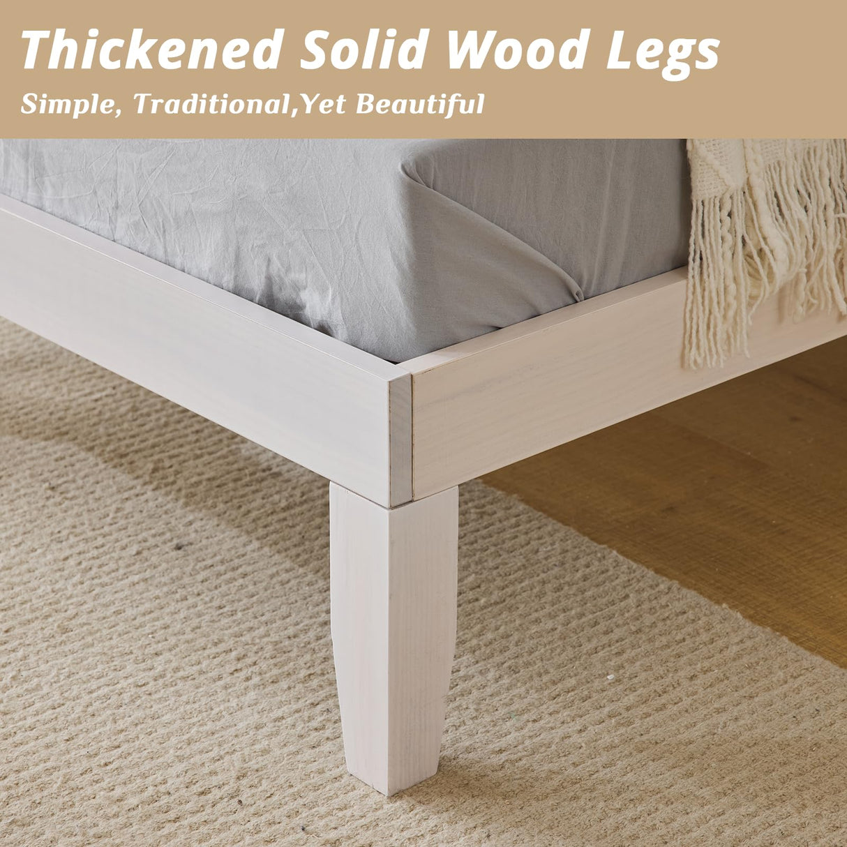 Karl home 12 Inches Wood Platform Bed Frame, Queen Bed Frame, Solid Wood Foundation with Wood Slat Support, Easy Assembly No Box Spring Needed (White) Karl home