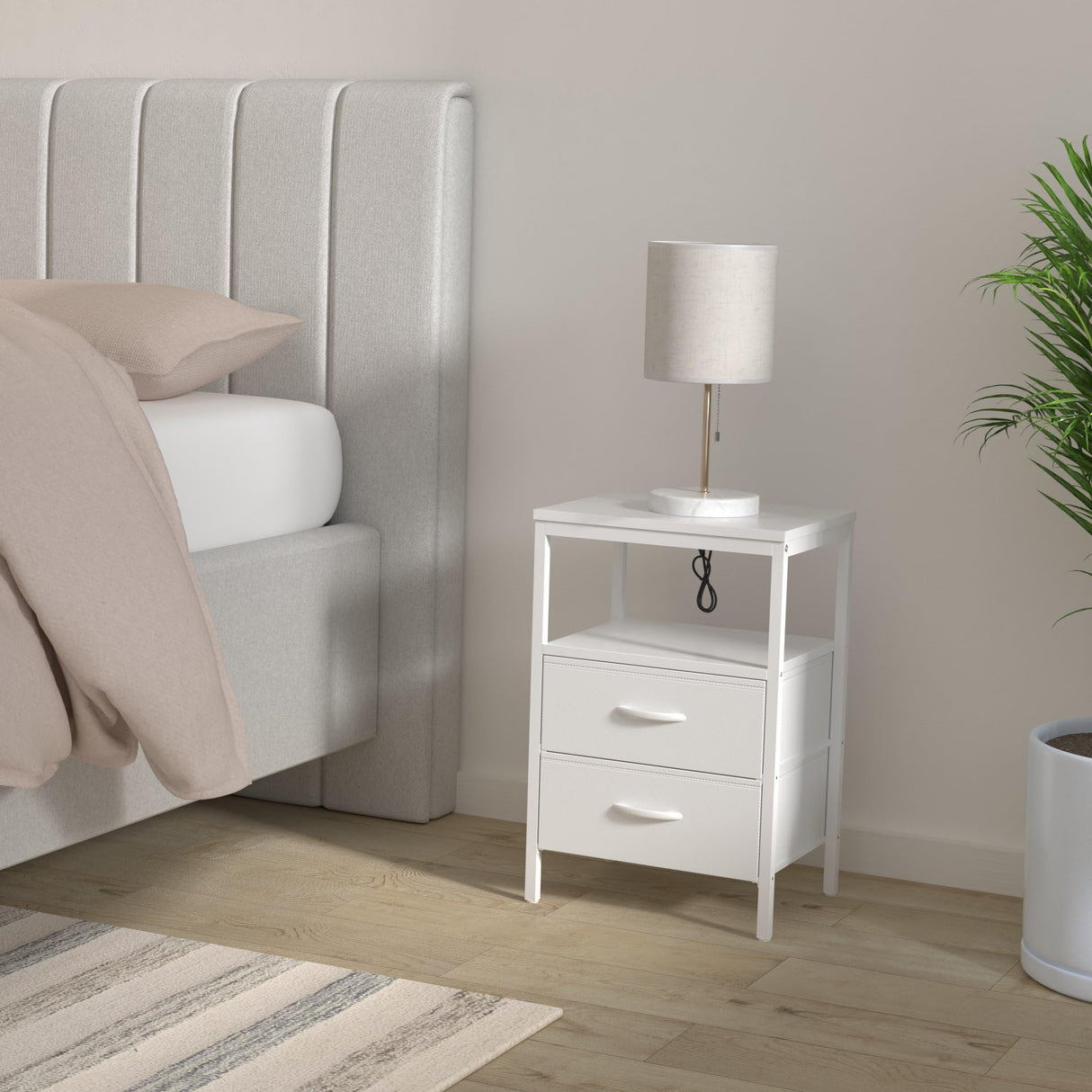 Huuger Nightstands Set of 2, End Tables with Charging Station, Side Tables with Fabric Drawers, Bedside Tables with USB Ports and Outlets, Night Stands for Bedroom, White Huuger