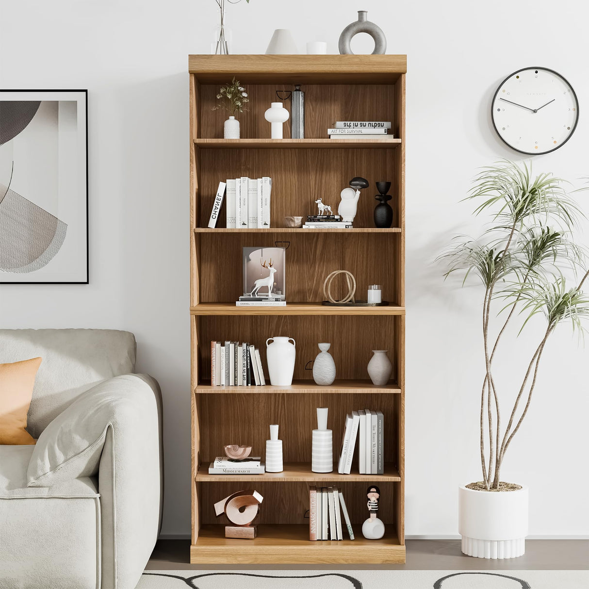 Casaphoria 72" H Wooden Bookcase, Heavy Duty Bookshelves, 6-Tier Wide Bookshelf with Large Storage Space for Home Office, 72" H x 31" W x 16" D, 126Lb, Oak Casaphoria