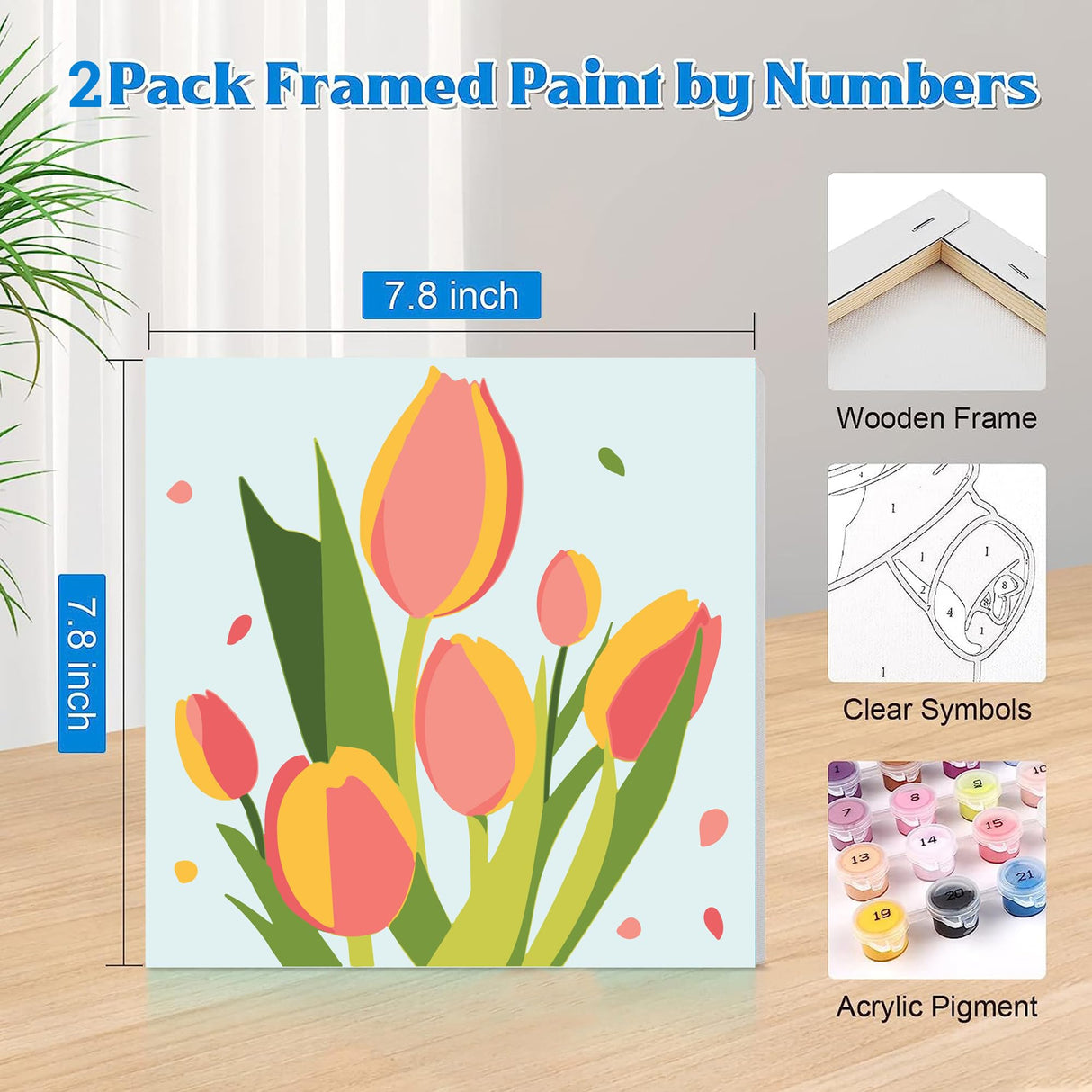 cupmod 2 Pack Framed Paint by Number for Kids,Easy Flower Painting Paint by Numbers Kits on Canvas,DIY Acrylic Oil Painting for Home Wall Decor(8x8inch) cupmod